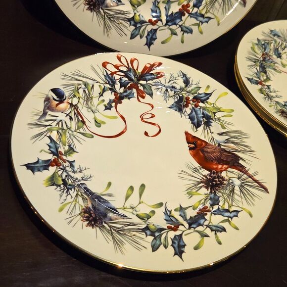 Set 6 Lenox Winter Greetings Cardinal + Ribbon 8" Salad Plates Gold Rim Holly - Picture 2 of 9
